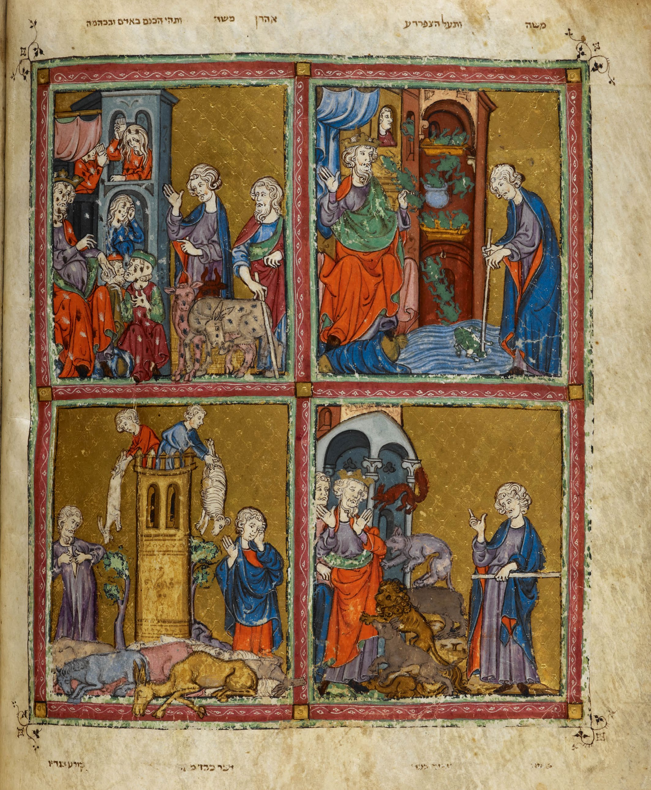 Illumination from the Golden Haggadah, 14th century — Plagues of Egypt