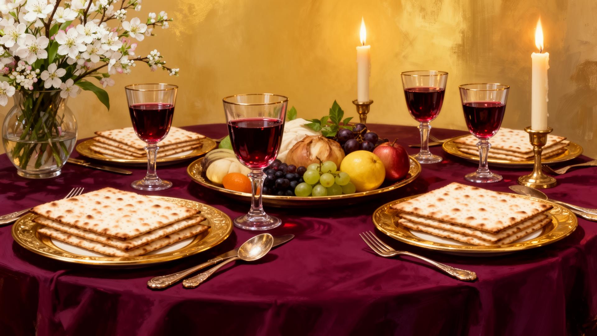Passover seder table with matzah, wine, and haggadah